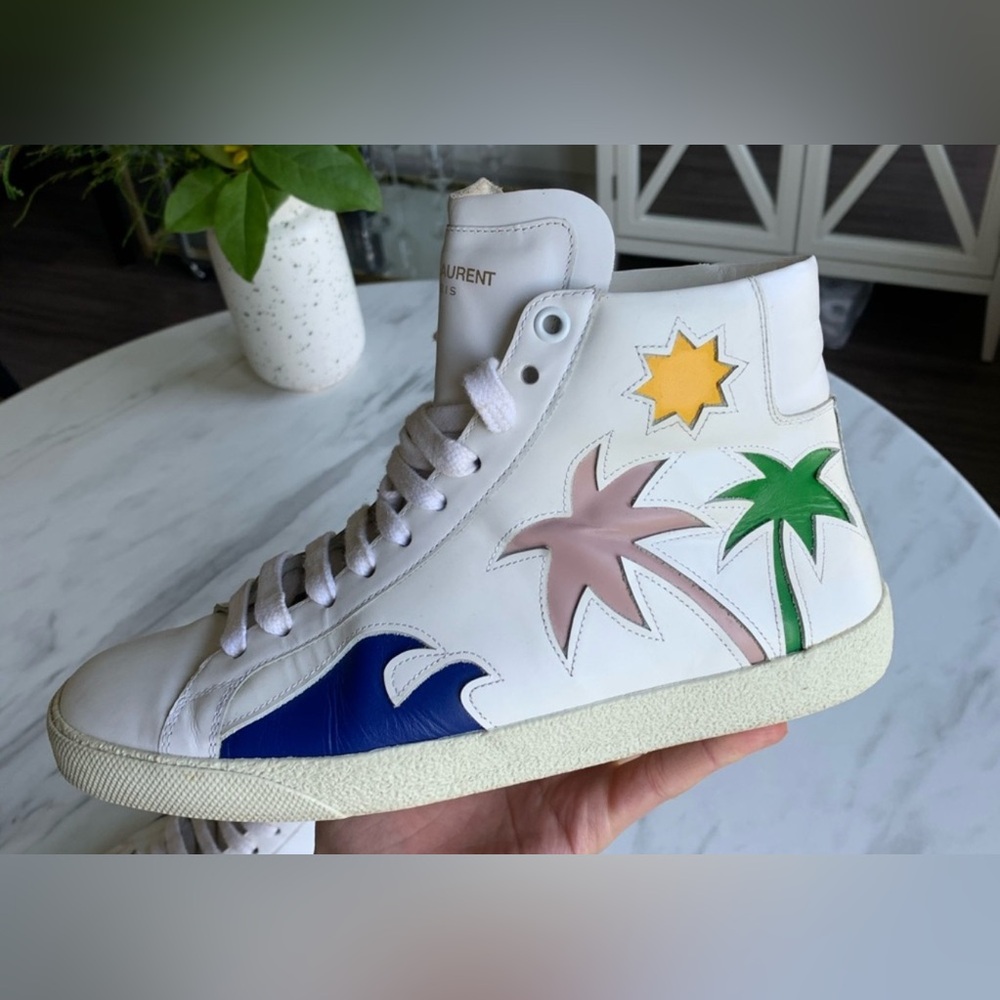 Saint Laurent White High-Tops with Colorful Palm Design